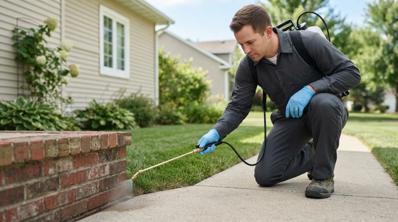 Pest control technician treating a home near Grimes, IA