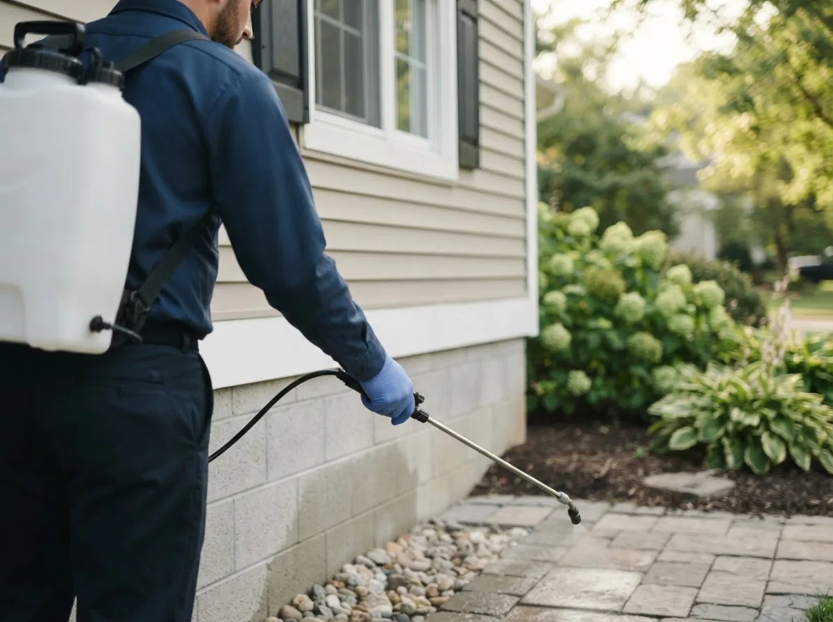 Pest control technician inspecting a home in Grimes, IA
